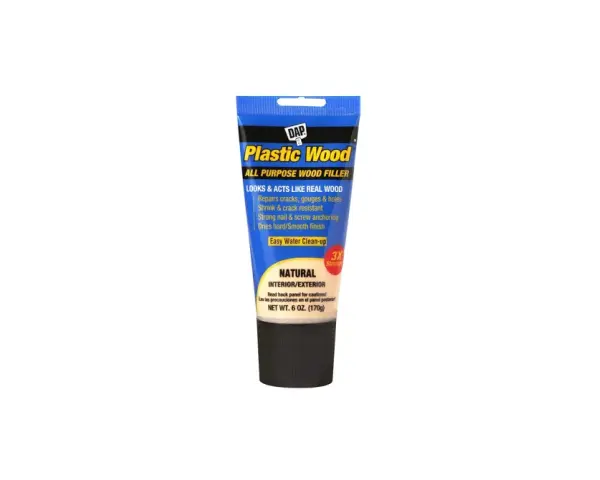 Tube of DAP Plastic Wood All Purpose Wood Filler in Natural color. This filler repairs cracks, gouges, and holes, dries hard, and is shrink and crack resistant.