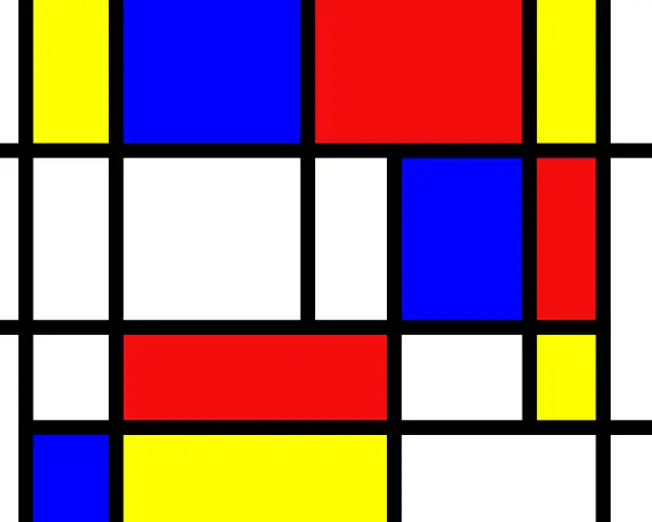 Composition abstraite typique du mouvement artistique de Piet Mondrian, avec des rectangles noirs, blancs, rouges, bleus et jaunes.