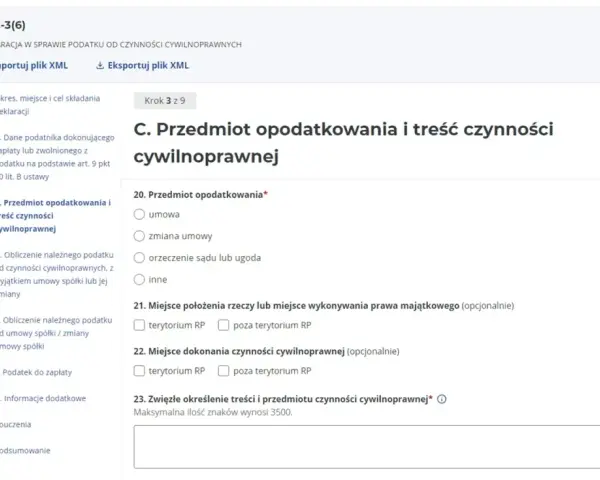 Formularz PCC-3(6) - C. Przedmiot opodatkowania i treść czynności cywilnoprawnej. Wzór dokumentu do wypełnienia.