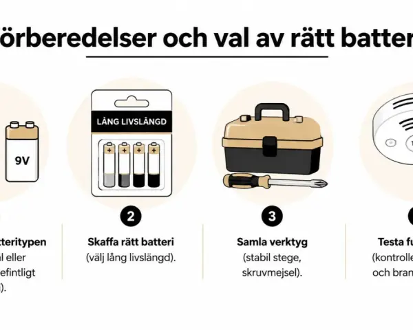 Steg för att byta batteri i brandlarmet: identifiera batterityp, skaffa rätt batteri, samla verktyg och testa funktionen så att brandlarmet inte piper i onödan.