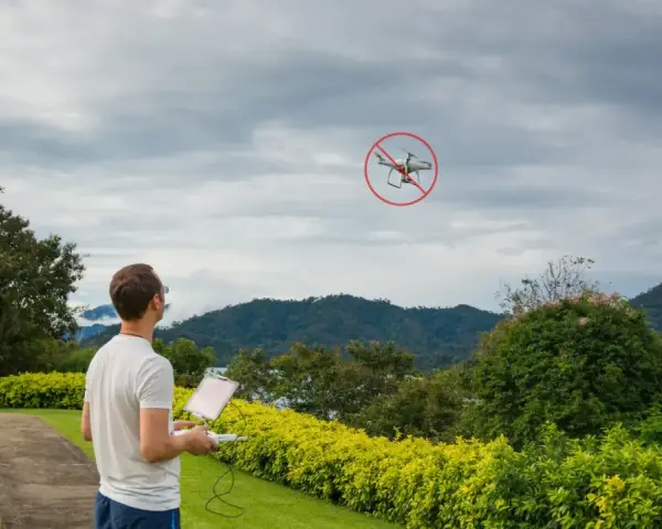 Man with drone controller looks at a drone with a "no fly" symbol, illustrating ct drone laws.