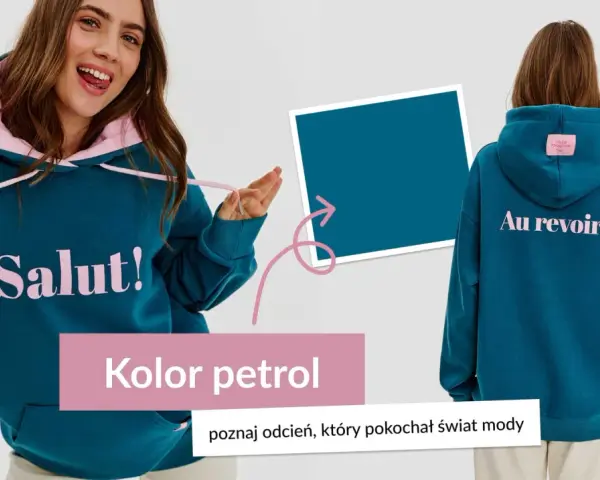 Dziewczyna w bluzie w kolorze petrol, z napisem "Salut!" z przodu i "Au revoir!" z tyłu.