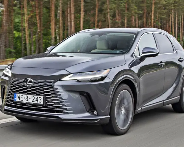 Szary Lexus RX 2026 jedzie po drodze, las w tle.