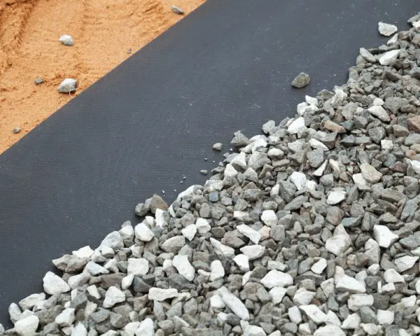 Gros plan sur un géotextile noir recouvert de gravier gris et blanc, à côté de sable. Idéal pour estimer le prix pose géotextile et gravier.