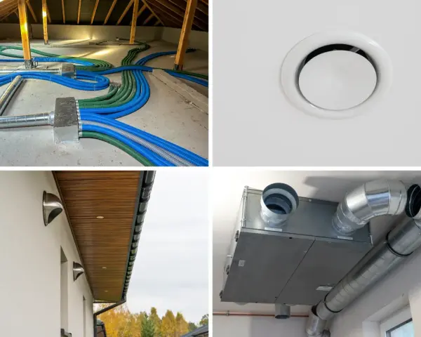 System wentylacji mechanicznej z rekuperatorem. Widać czerpnię i wyrzutnię powietrza na ścianie budynku, a także rozbudowaną sieć kanałów w poddaszu.
