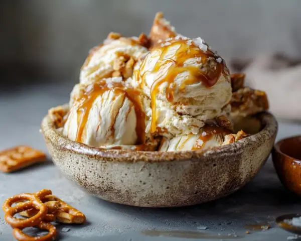 Schüssel mit Salted Caramel Eis, beträufelt mit Karamellsauce und bestreut mit Meersalz. Perfekt dazu passen Brezeln und Kekse.