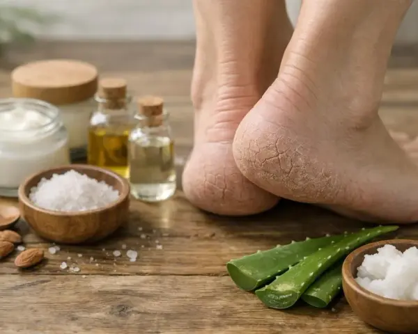 Pieds secs avec le talon craquelé, entourés d'ingrédients naturels pour un soin : aloe vera, sel, huiles et crème.