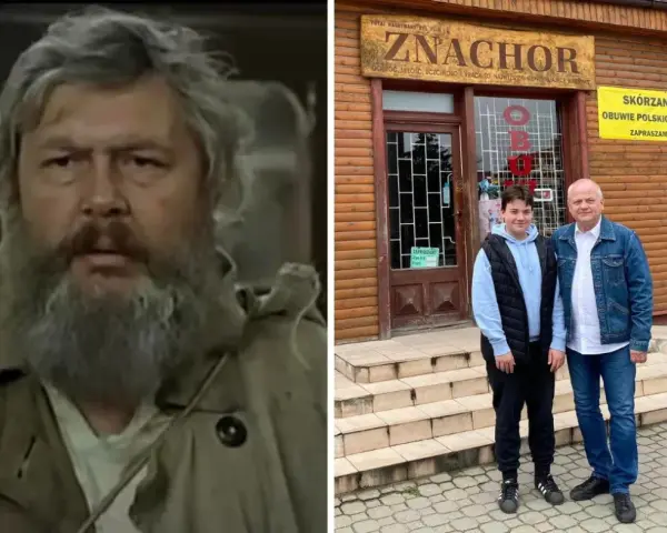 Dwóch mężczyzn przed sklepem "Znachor", gdzie rozgrywa się akcja filmu.