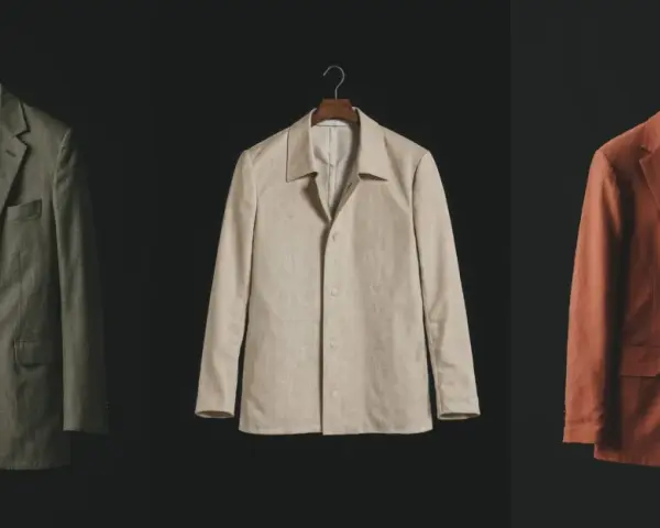 Tre giacche eleganti, una verde slavato, una beige e una color ruggine, appese su grucce di legno.