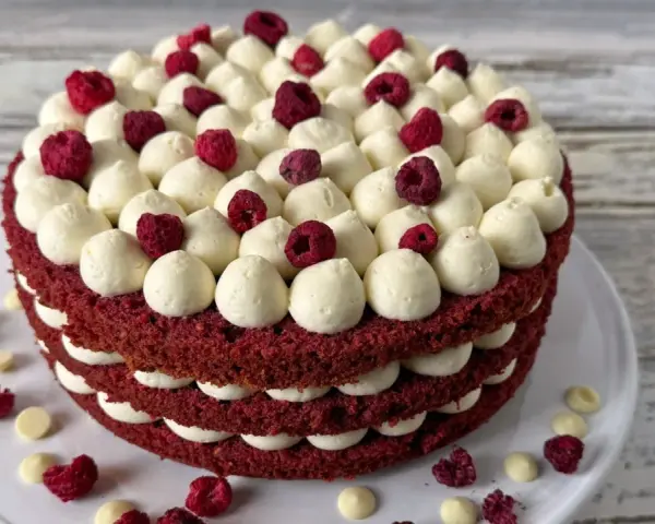 Ein mehrschichtiger Red Velvet Kuchen mit weißer Creme und Himbeeren.