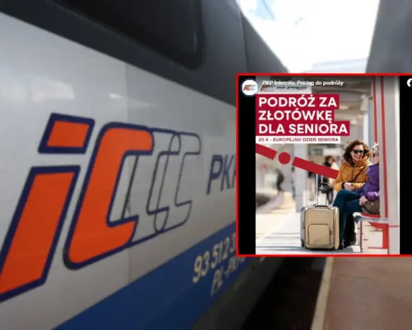 Logo PKP Intercity na pociągu i plakat z seniorami na dworcu.