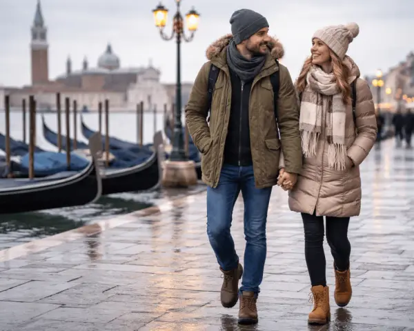 Coppia passeggia a Venezia, con gondole sullo sfondo. Perfetto esempio di come vestirsi a Venezia in inverno: cappotti caldi, sciarpe e berretti.