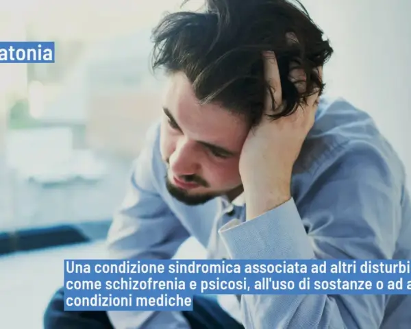 Uomo con mano tra i capelli, con la scritta "Catatonia". Il significato di catatonia è una sindrome legata a disturbi mentali.