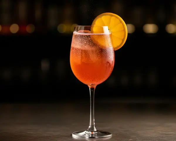 Ett glas med bubblig, orange drink, troligen en cava aperol, med en apelsinskiva som garnering.