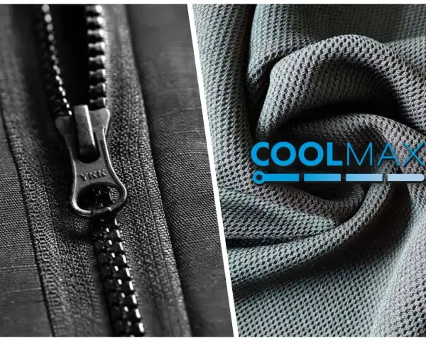 Zamek YKK i sztywna tkanina na spodnie z logo COOLMAX.