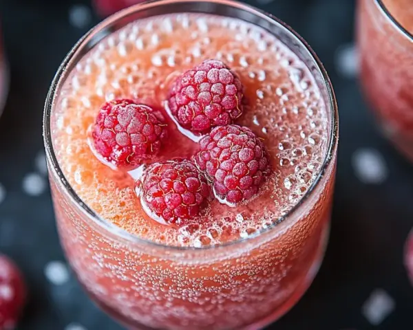 Verre de soupe de champagne pétillante, garni de framboises givrées. Un délice fruité et festif.