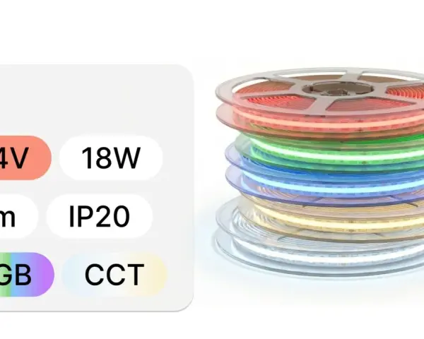 Różne rodzaje taśm LED: RGB, CCT, 24V, 18W, 5m, IP20. Kolorowe rolki taśm LED ułożone jedna na drugiej.