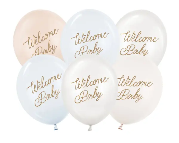 Sex ljusa ballonger med texten "Welcome Baby" i guld. Perfekta för att presentera askar med presenter till en nyfödd.