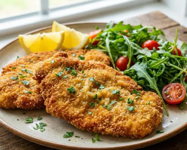 Milanesa de pollo dorada y crujiente, servida con ensalada fresca de rúcula y tomates cherry, acompañada de gajos de limón.