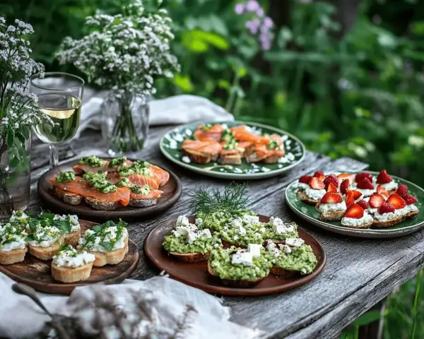 Välkomna till midsommar! Små, läckra snittar med lax, avokado och bär dukas upp på ett rustikt träbord.