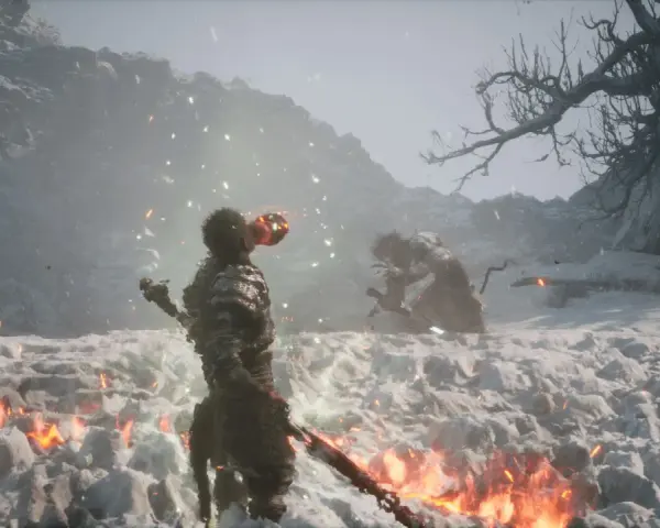 Enemigo en la nieve, con Wukong de Black Myth preparándose para atacar.
