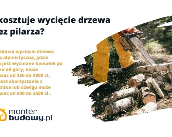 Drwal w żółtym ubraniu tnie piłą mechaniczną drewno na kawałki.