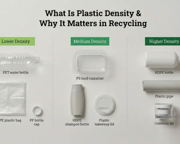 Visual guide showing plastic items categorized by density: PET bottles (lower), food containers (medium), and HDPE bottles/pipes (higher). Understanding the weight of plastics aids recycling.