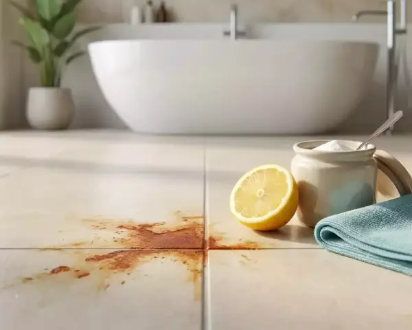 Nettoyer les taches de rouille sur le carrelage de la salle de bain avec du citron et du bicarbonate de soude.