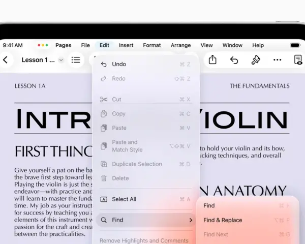 Na ekranie iPada z systemem iPadOS 26 widać menu Edycja z opcjami Undo, Redo, Cut, Copy, Paste i Find.