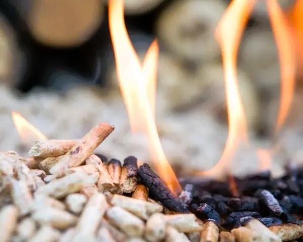 Fiamme danzano su pellet in combustione, un primo piano che mostra il passaggio dal legno chiaro alla cenere scura.