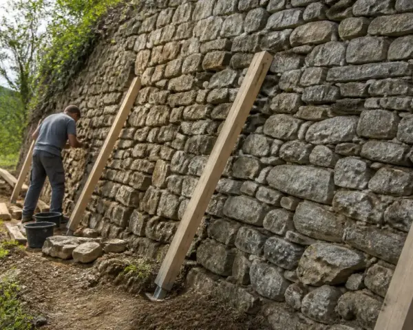 Un homme travaille à comment consolider un mur en pierre, utilisant des étais en bois pour soutenir la structure ancienne.