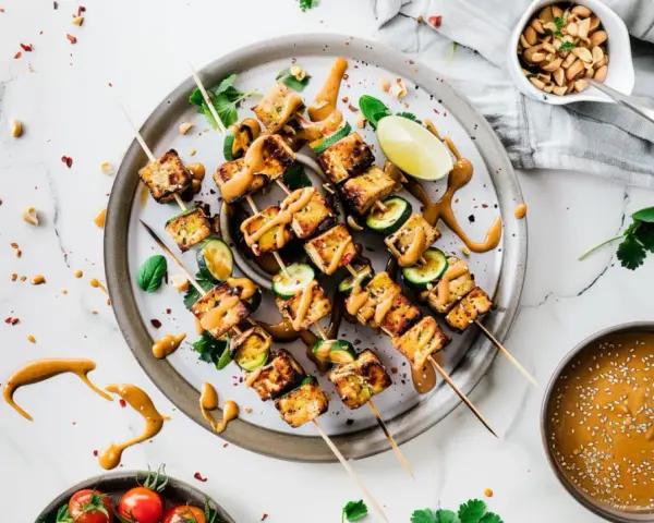 Pyszne szaszłyki z tofu satay, polane kremowym sosem orzechowym, z dodatkiem cukinii i limonki.