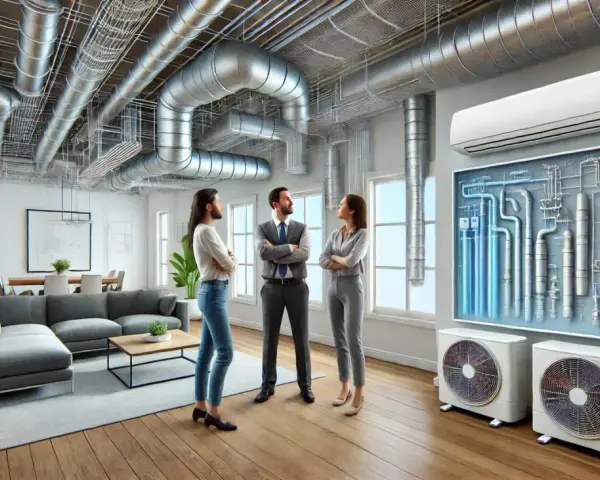 Tres personas discuten sobre un sistema hvac que es, con tuberías visibles en el techo y unidades exteriores.