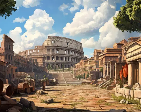 Vista del Coliseo y edificios antiguos, con barriles de madera en primer plano. Un paisaje que evoca el inicio del imperio romano.