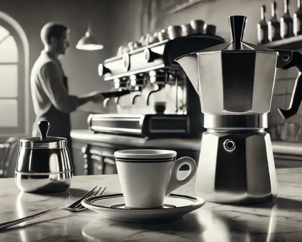 Kawiarka i filiżanka na blacie, barista w tle przygotowuje kawy włoskie.