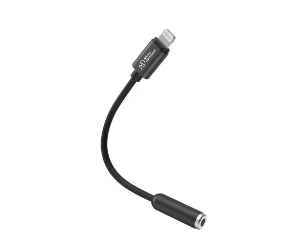 Svart adapter med Lightning-kontakt i ena änden och 3,5 mm hörlursuttag i andra. Perfekt för din lightning till usb-c adapter.