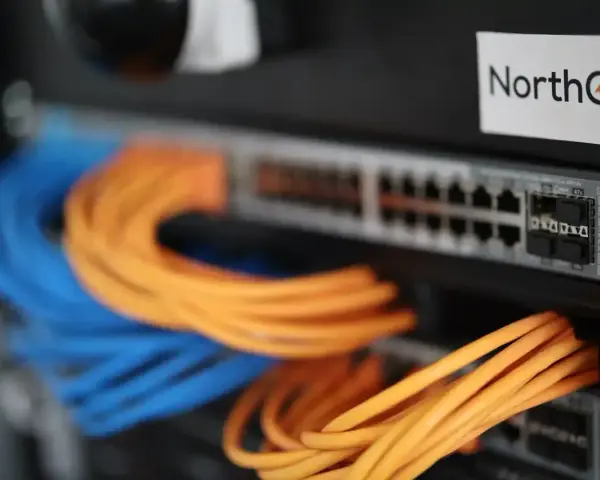 Netzwerkschrank mit blauen und orangen Kabeln, die an einen Switch angeschlossen sind.