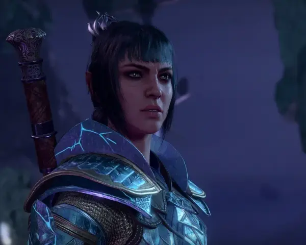 Guerrera con armadura brillante y espada al hombro, lista para la ordalía de Shar en BG3.