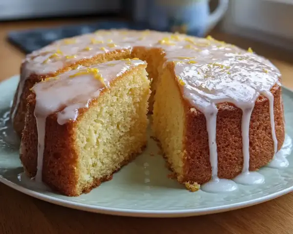 En saftig sockerkaka med citron, täckt av glasyr och rivet citronskal. En bit är uppskuren.