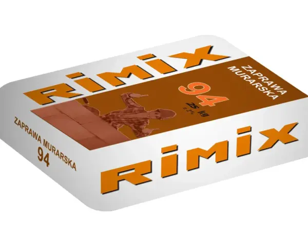 Opakowanie zaprawy murarskiej Rimix 94, 25 kg, z wizerunkiem murarza.
