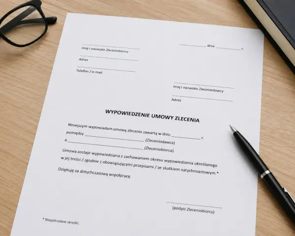 Dokument wypowiedzenie umowy zlecenia na drewnianym biurku, obok długopis i okulary.