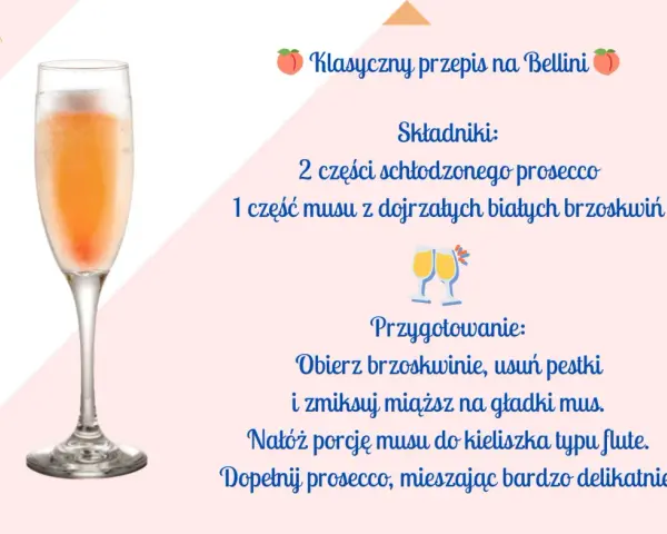 Klasyczny przepis na Bellini: schłodzone prosecco i mus z brzoskwiń. Idealny drink na wakacje!