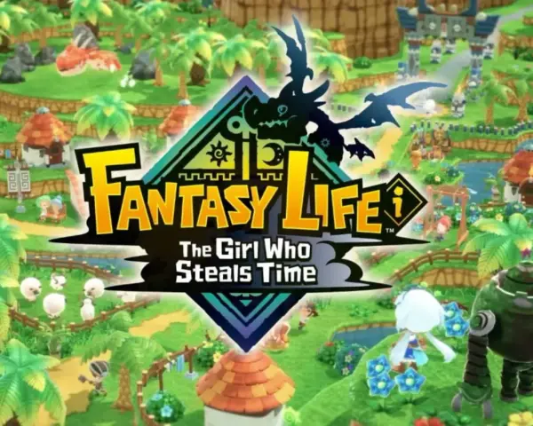 Un mundo vibrante de **fantasy life** con un dragón, ovejas y un robot. ¡Una aventura te espera!