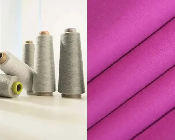 Szare nici na stożkach i fuksjowa tkanina o splocie twill.