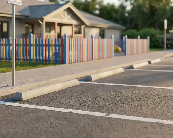 Parking, chodnik i kolorowy płotek oddzielają plac zabaw od miejsc parkingowych. Odległość miejsc parkingowych od granicy działki jest widoczna.