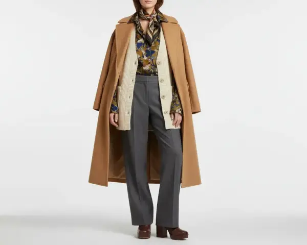 Modello con cappotto cammello, cardigan beige, camicia fantasia, pantaloni grigi e scarpe marroni. Un esempio di vestirsi a cipolla significato per adattarsi a ogni temperatura.