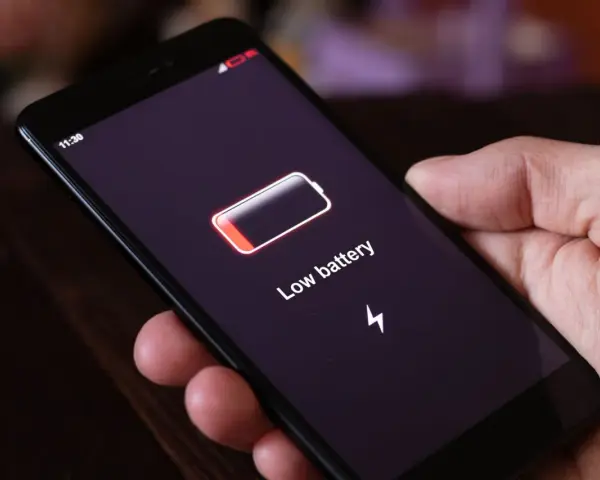 Dłoń trzyma smartfon z komunikatem "Low battery". Czas na naukę, jak oszczędzać baterię w telefonie, by uniknąć takich sytuacji.