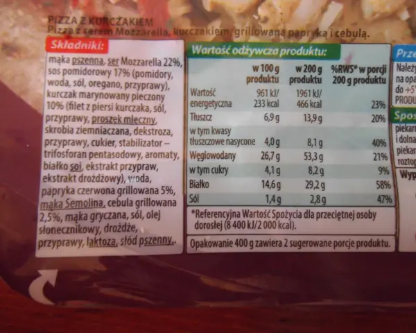 Pizza z kurczakiem Biedronka: 466 kcal w porcji 200g. Składniki: ser, kurczak, papryka, cebula. Idealna na szybki obiad.