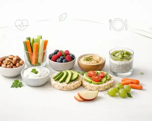 Zdrowe przekąski: warzywa pokrojone w słupki, owoce jagodowe, hummus, ryżowe wafle z awokado i pomidorkami, deser chia z kiwi, orzechy i jogurt.