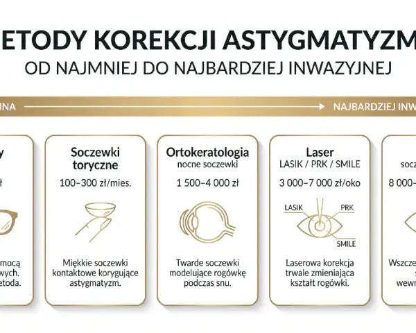 Metody korekcji astygmatyzmu: okulary, soczewki, ortokorekcja, laser, ICL. Od najmniej do najbardziej inwazyjnej, zależnie od wieku i potrzeb.